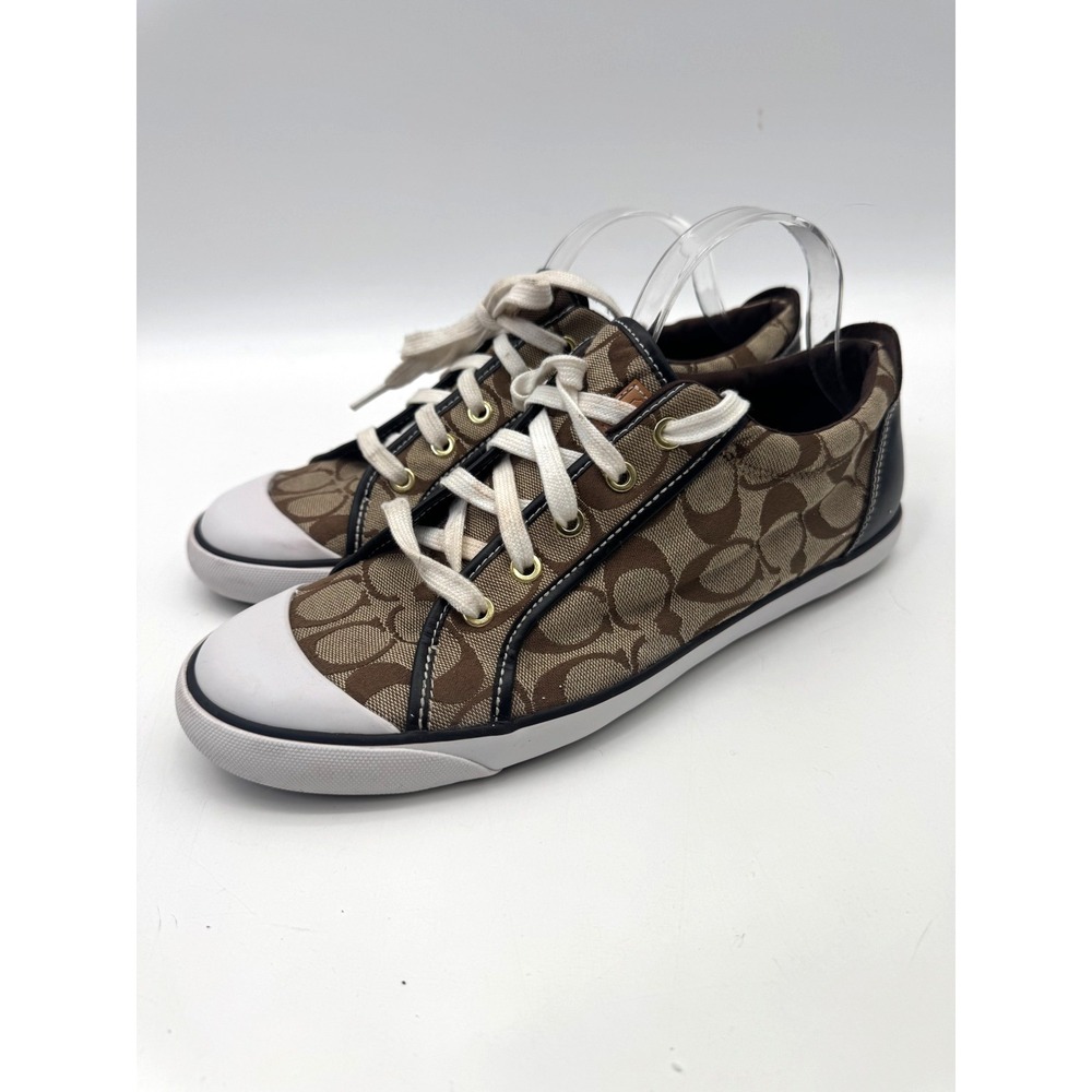 Coach Barrett Brown Black Signature Canvas Logo Lace Up Sneaker Shoe 12B Luxury